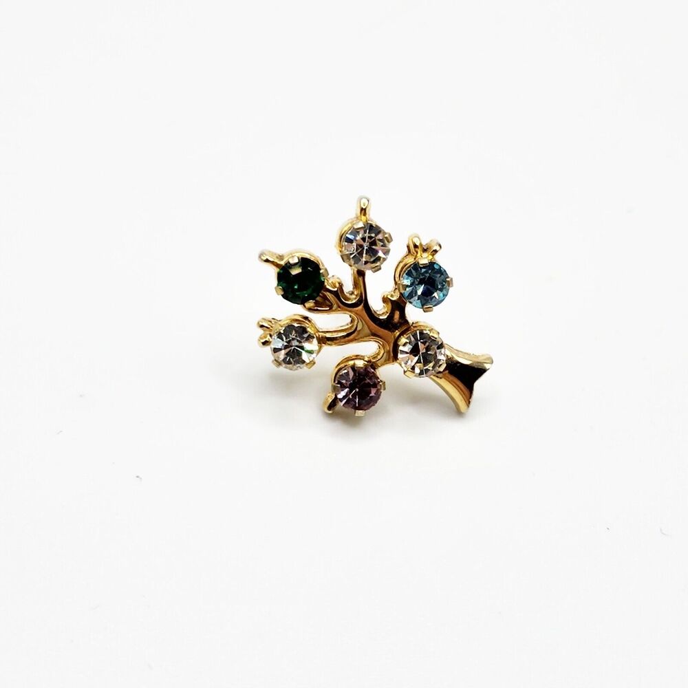 Vintage Anson Red Blue Amber White Rhinestone Tree Tie Tack Lapel Pin Autumn